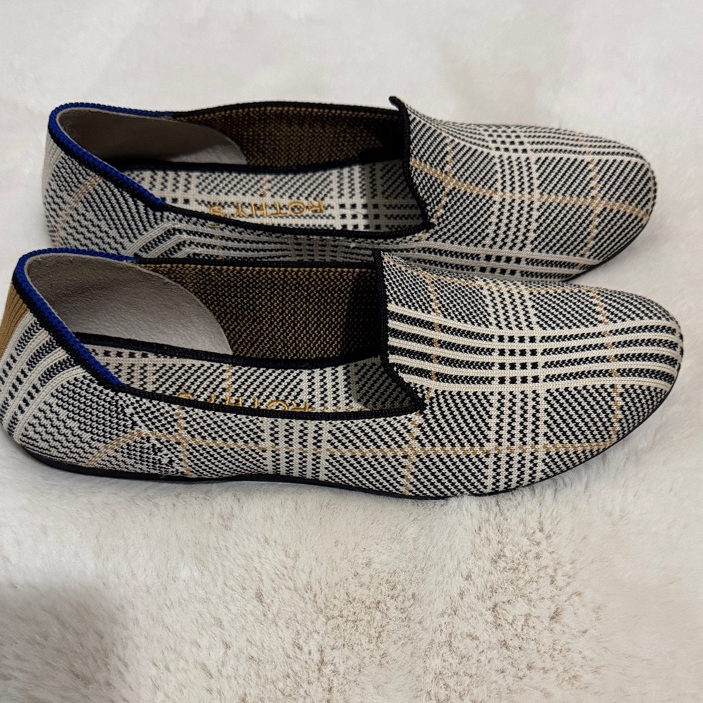 Rothy's Black and White Checkered Loafers with Blue Trim size 6.5